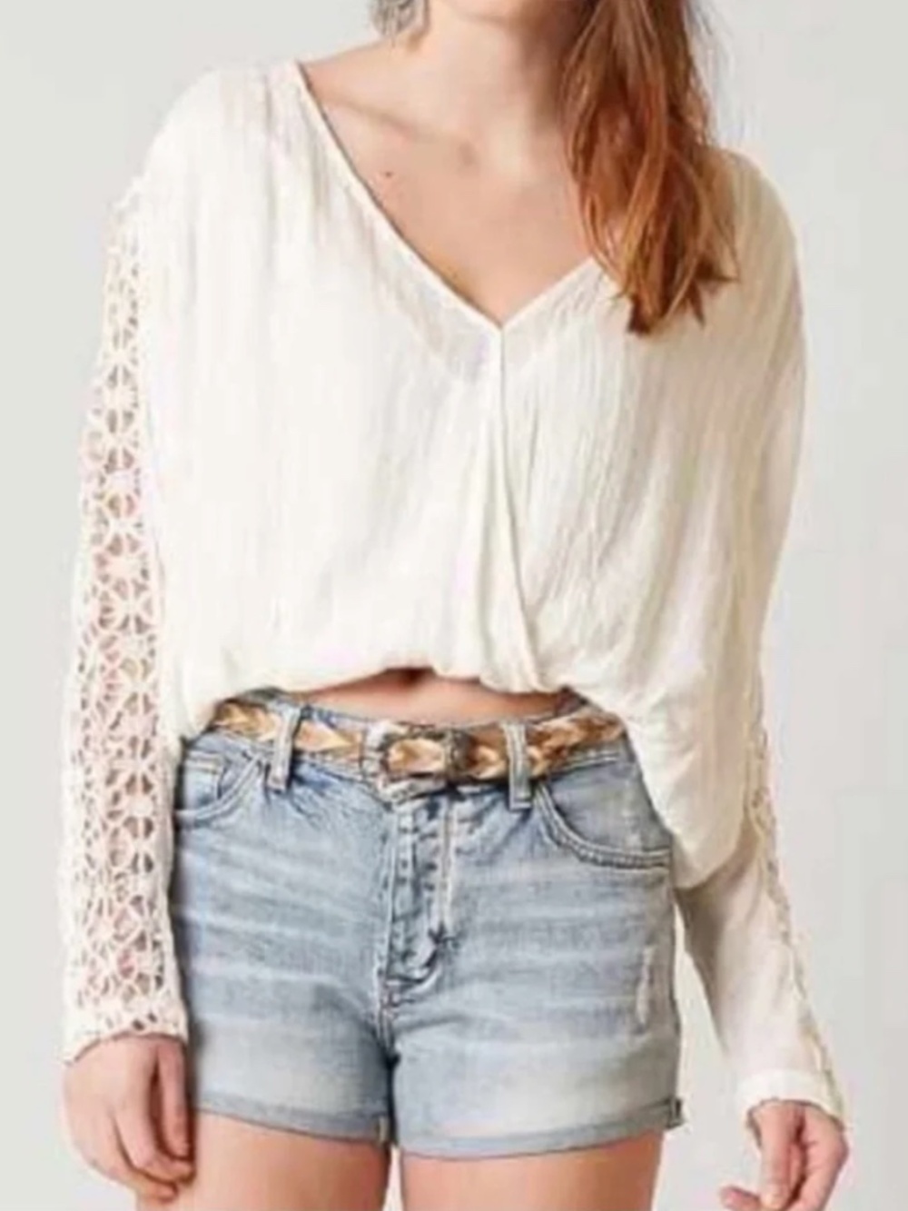 Free People Crochet Sleeve V-Neck Gauze Blouse White Boho Romantic Top Small